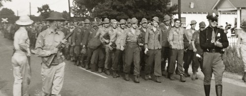 POWs Marching to camp in Aliceville Alabama