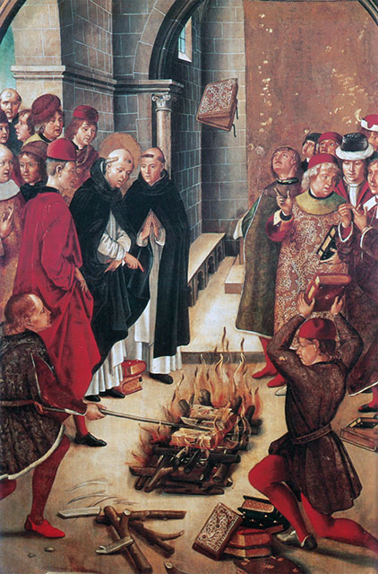 Book Burning Saint Dominic and the Albigenses (1480). A painting by Pedro Berruguete depicting Dominic, founder of the Inquisition, checking books for heresy with a trial by fire.